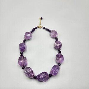 Purple Amethyst Chunky Bead Necklace Large Stones Strung Gold Tone Clasp